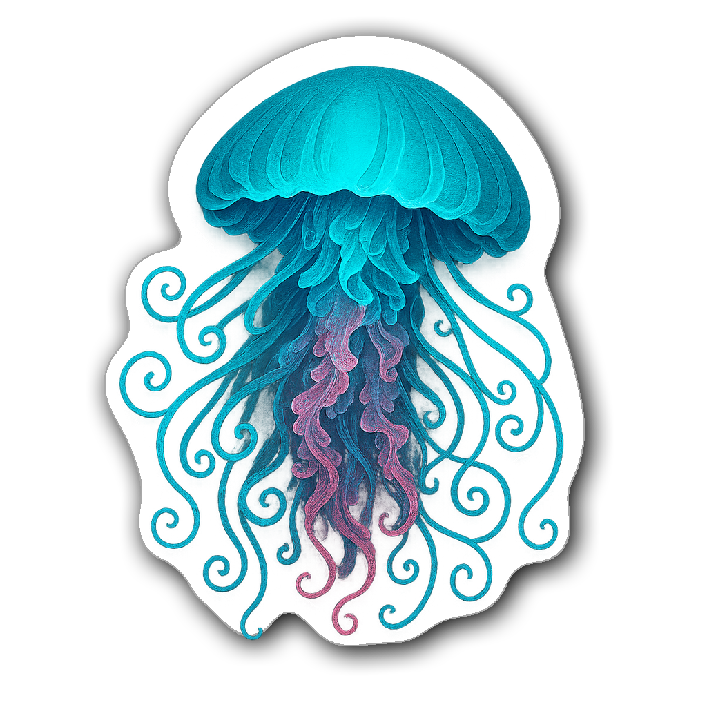 Intricately detailed bioluminescent jellyfish sticker in turquoise and pink