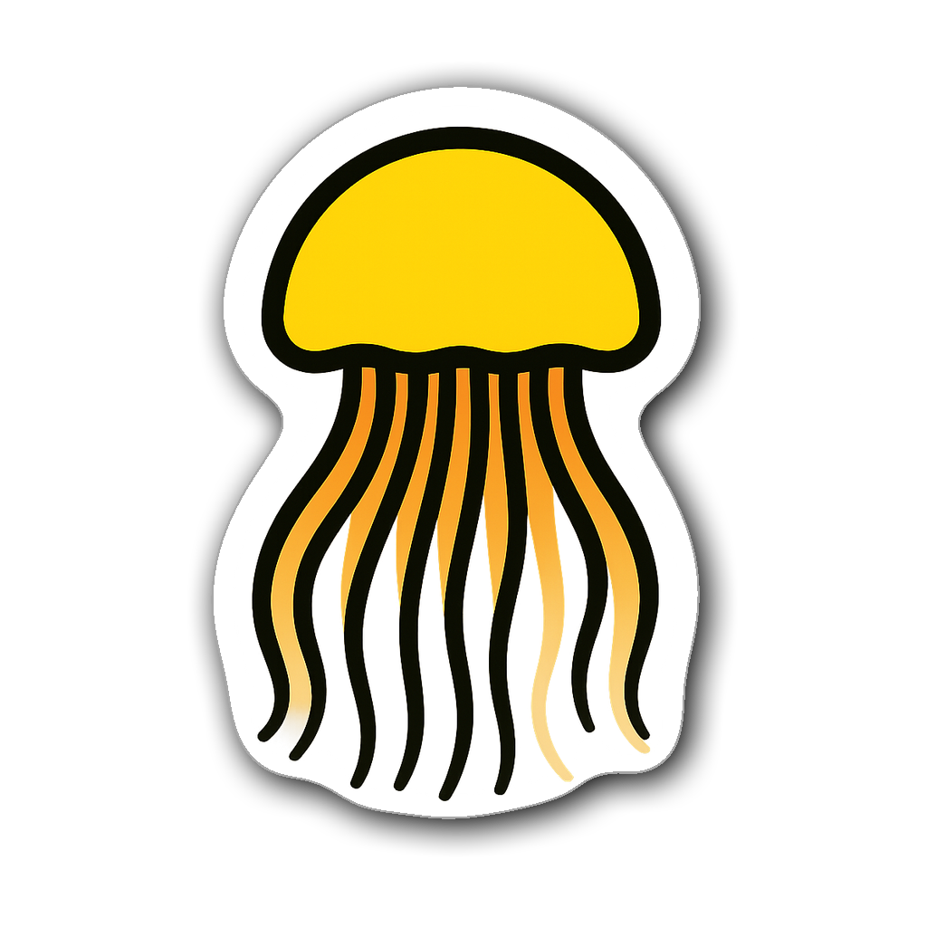Minimalistic jellyfish sticker with a bright yellow bell and clear tentacles