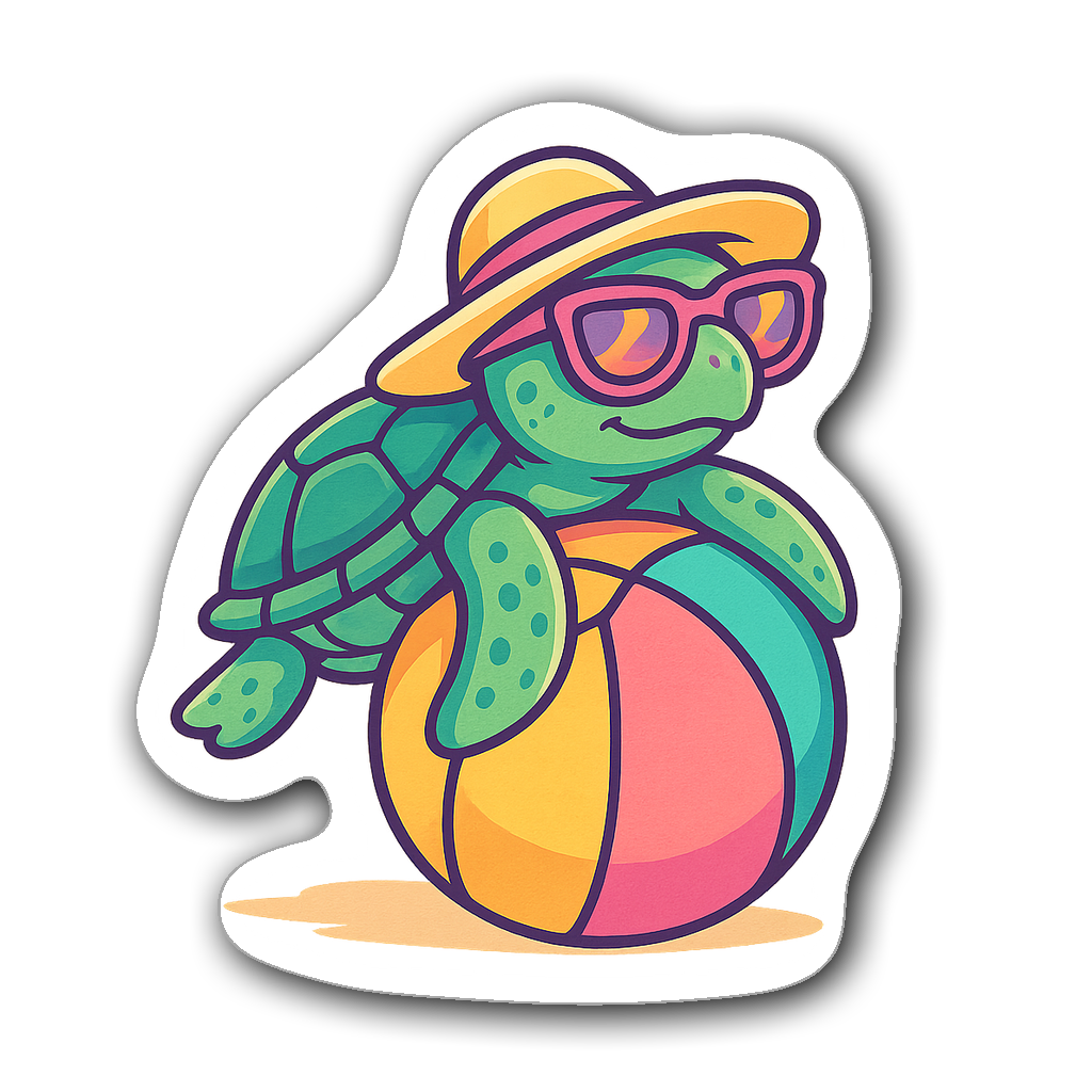 Sea turtle sticker with sunglasses and beach hat on a ball