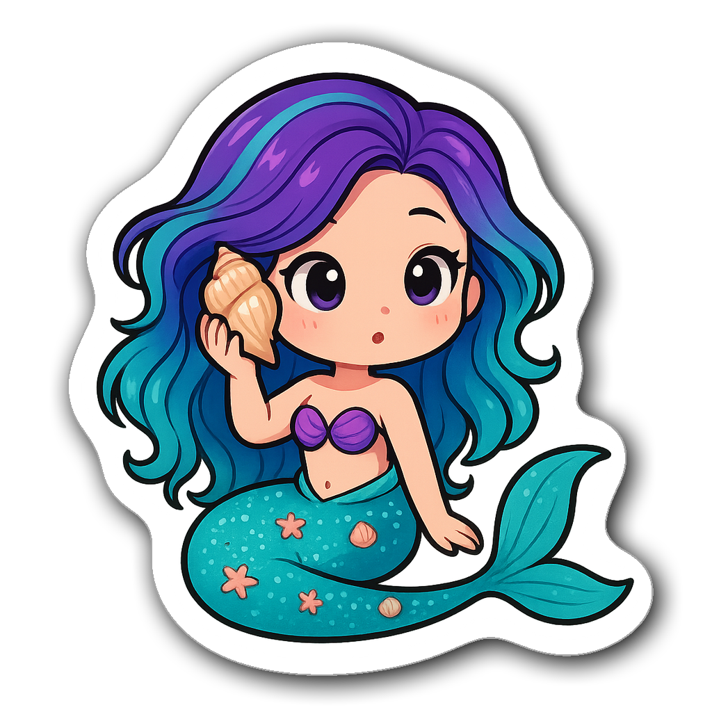 Kawaii chibi mermaid holding a seashell with vibrant hair
