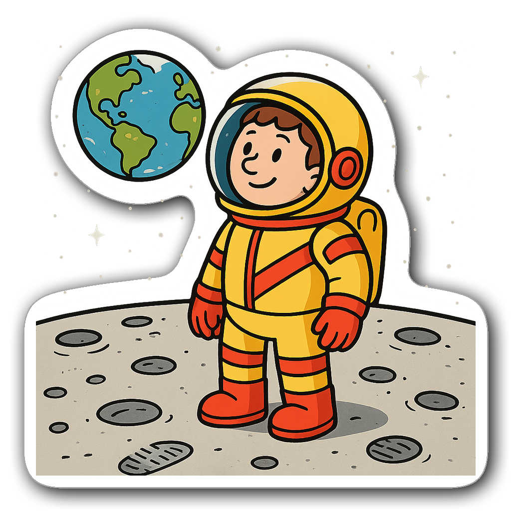 Whimsical astronaut on the moon gazing at Earth with colorful suit