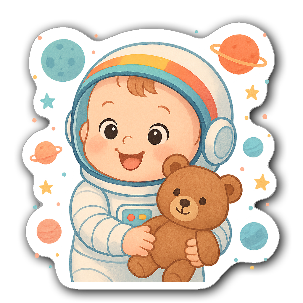 Adorable baby astronaut sticker with teddy bear and planets