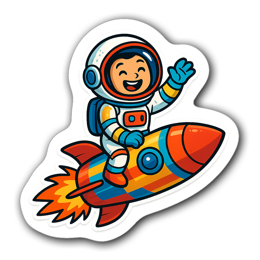 Die-cut sticker of an astronaut riding a colorful rocket