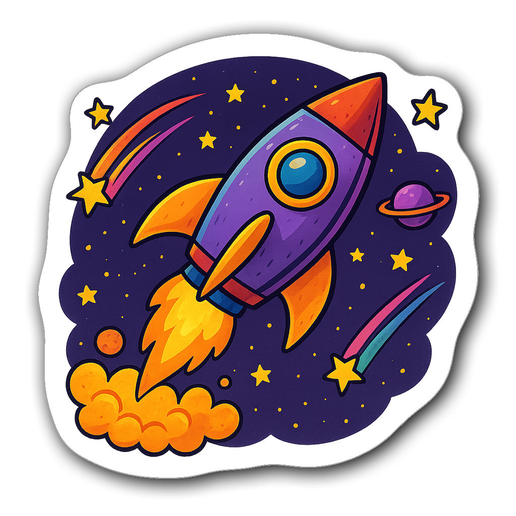 Whimsical rocket sticker in a starry night sky