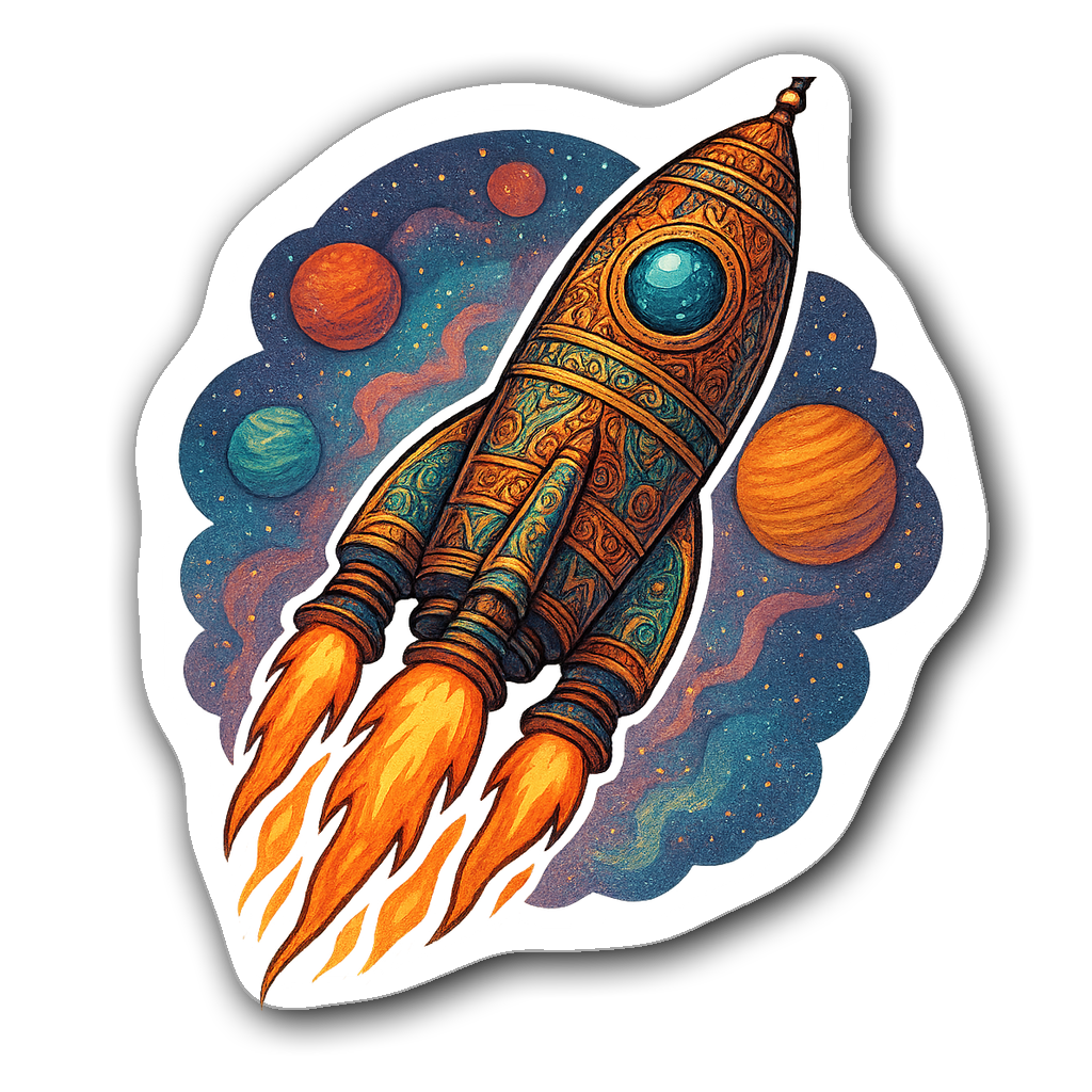 Detailed die-cut rocket sticker soaring with flames and planets