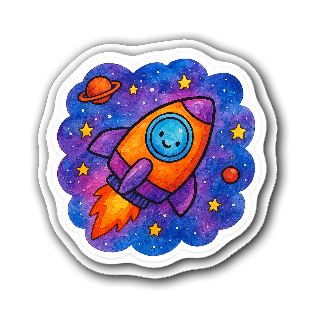 Vibrant watercolor illustration of a whimsical spaceship in space