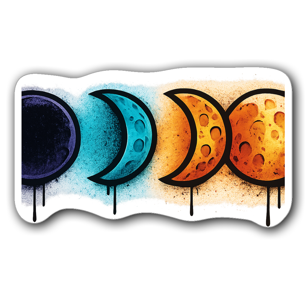 Four graffiti-style moon phase stickers with color gradients