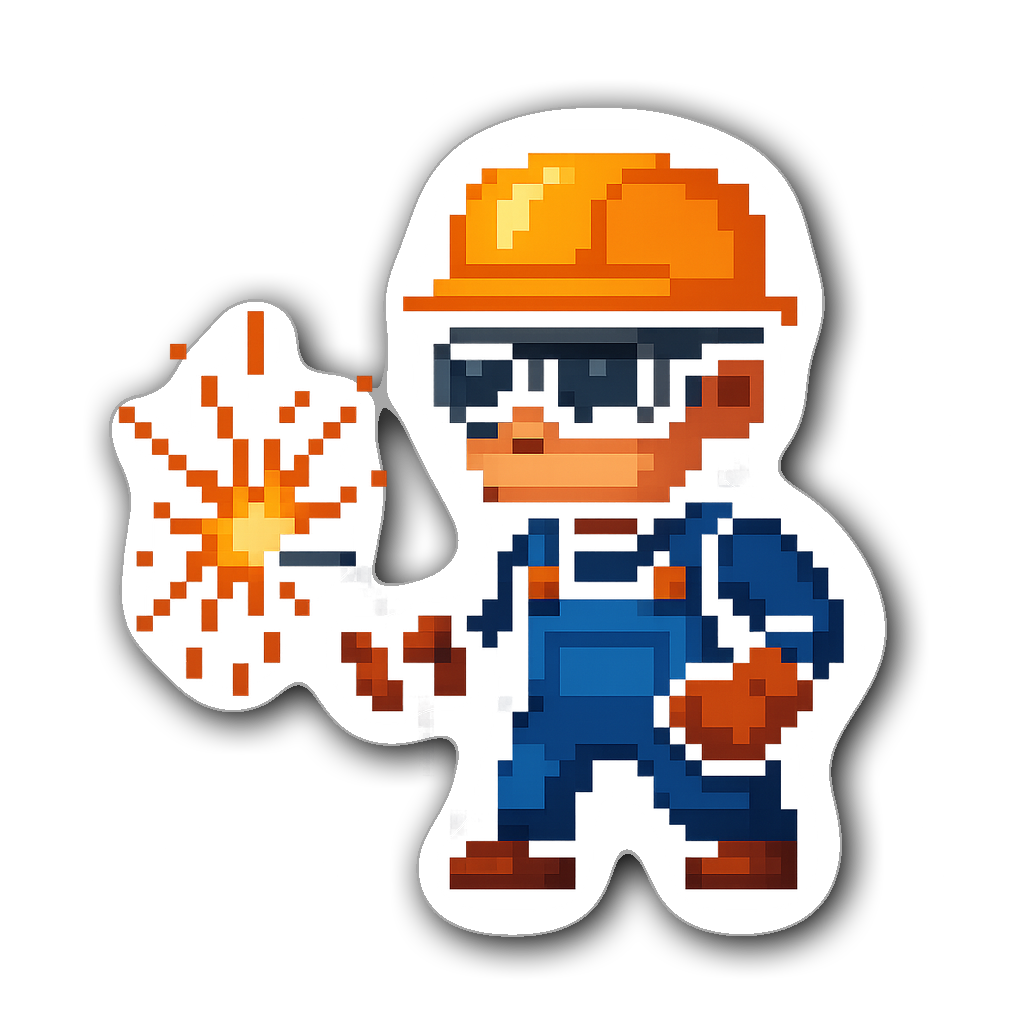 Pixel art welder character with helmet and welding torch