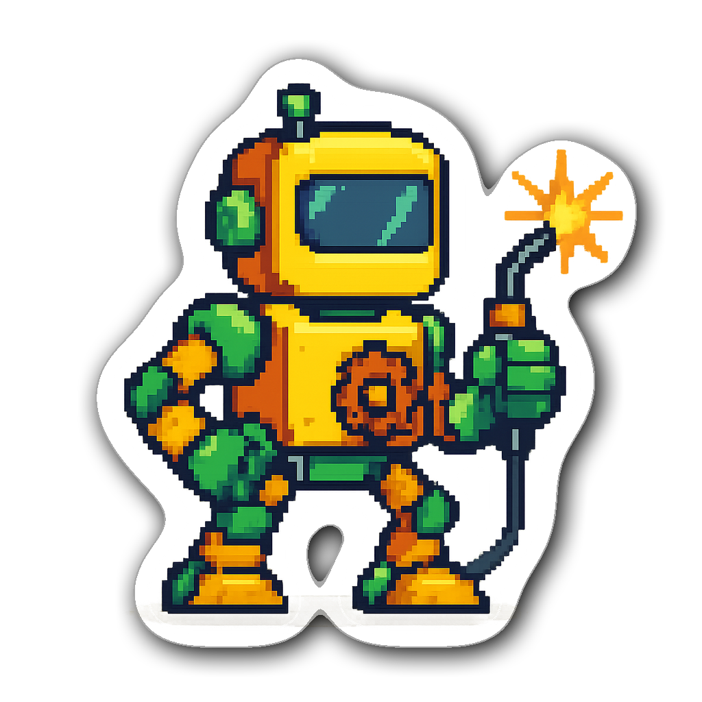 A cartoonish pixel art welding robot sticker with a thumbs-up