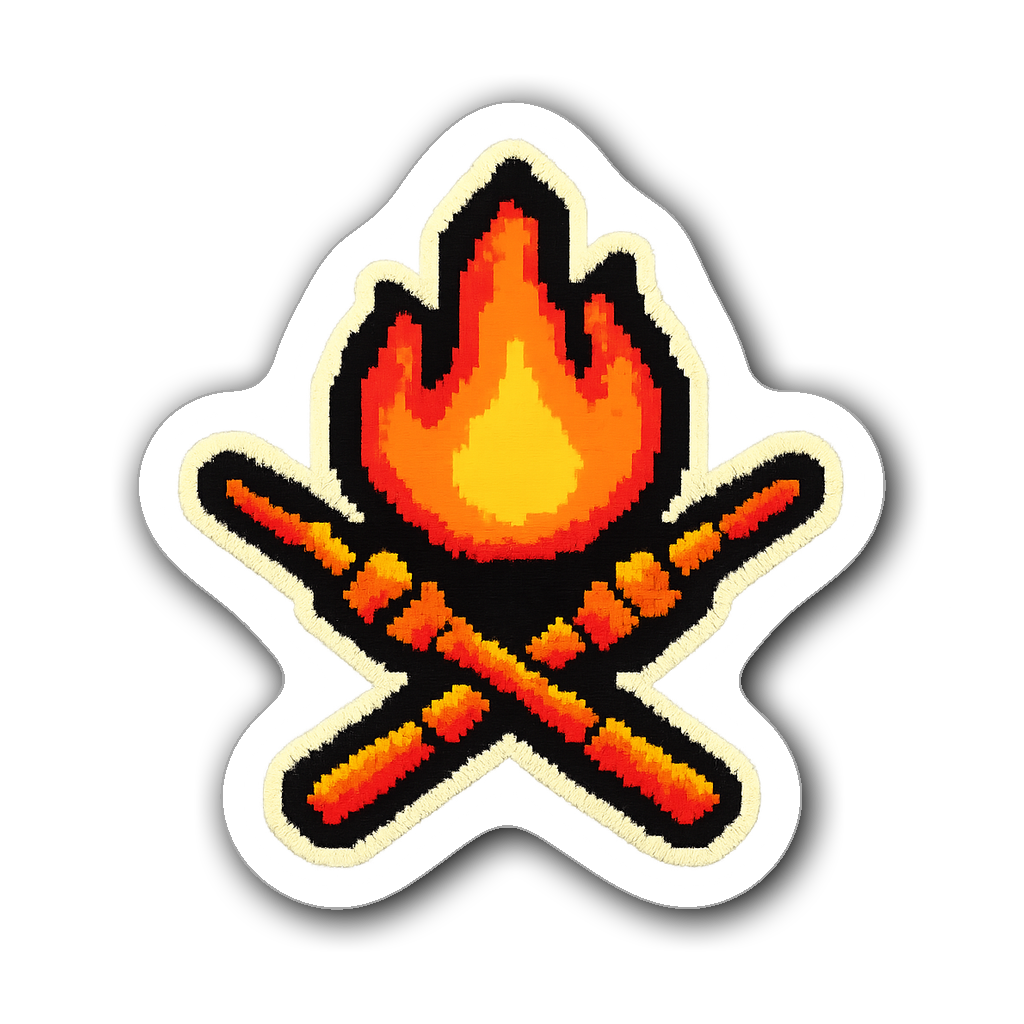 Pixel art welder sticker featuring flames and torches