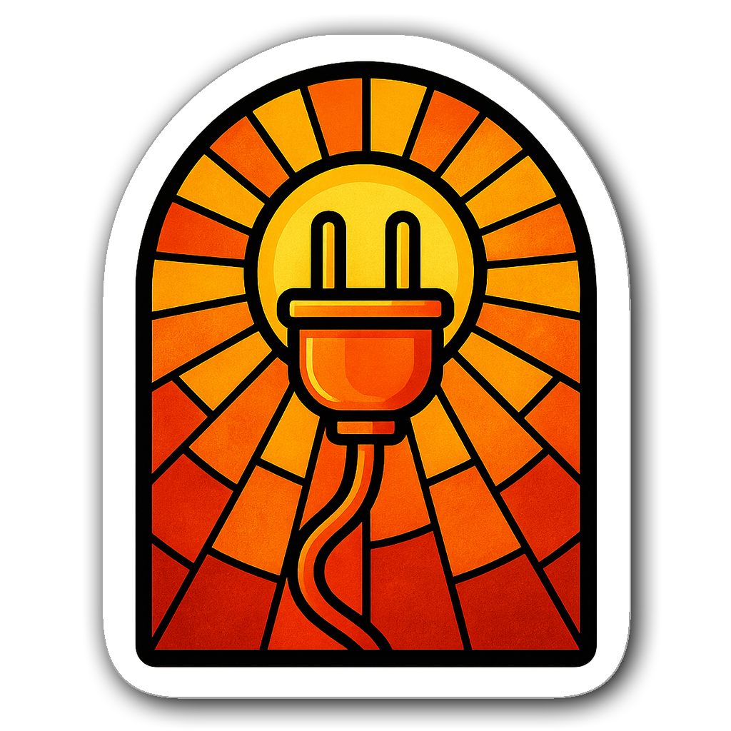 Stained glass window design with electric plug and sun motif