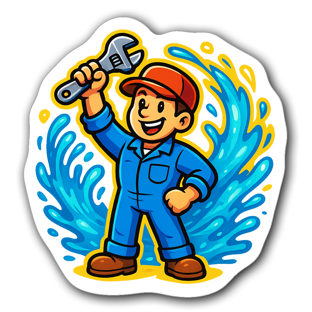 Cartoon plumber character in blue jumpsuit holding wrench