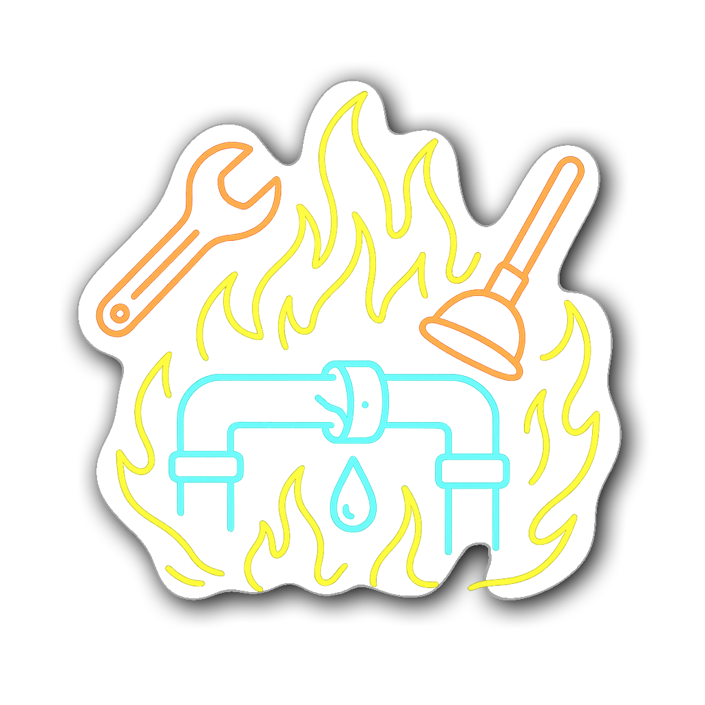 Neon glow plumber sticker with a shiny pipe and tools