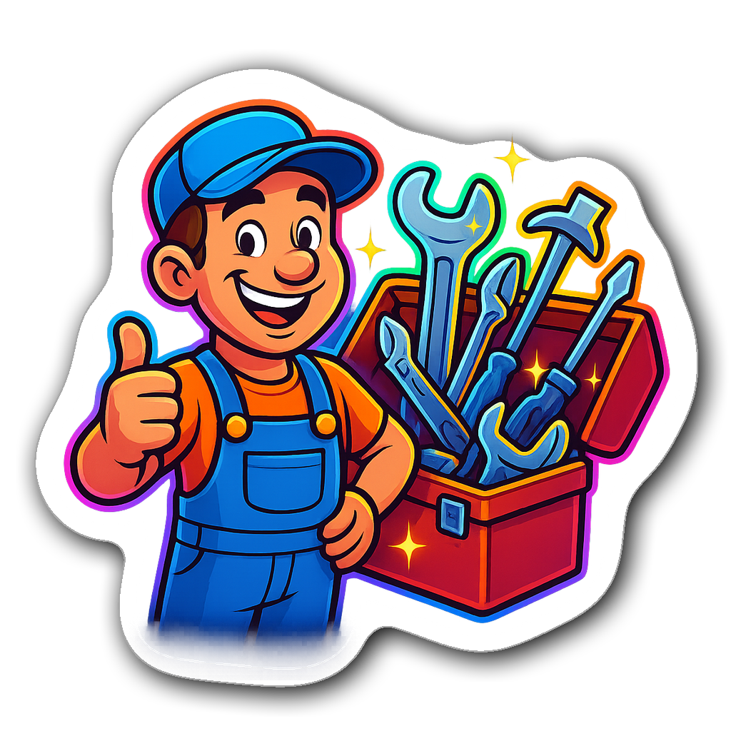 Cheerful cartoon plumber with neon glow and toolbox sticker