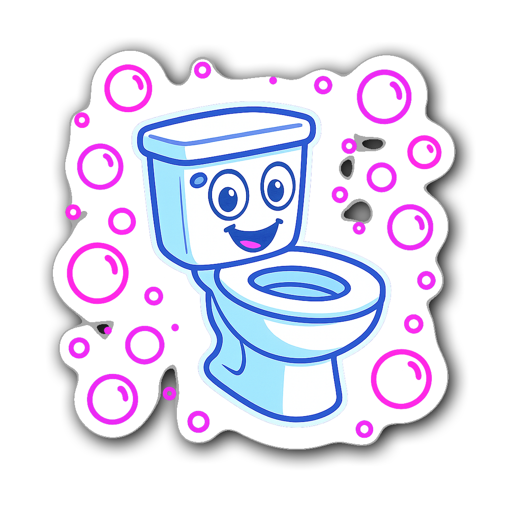 Neon plumber cartoon sticker with toilet and bubbles