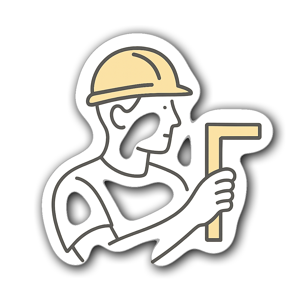 Minimalist die-cut sticker of a carpenter in soft yellow and charcoal