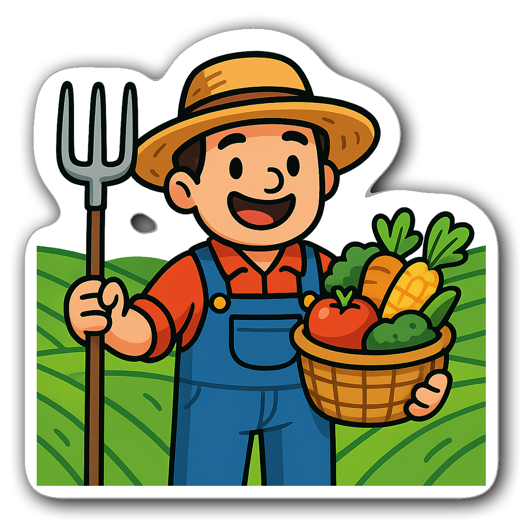 Cartoon farmer sticker design with pitchfork and vegetables