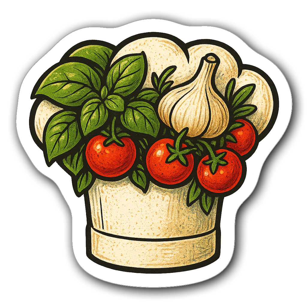 Chef hat with basil, garlic, and cherry tomatoes sticker