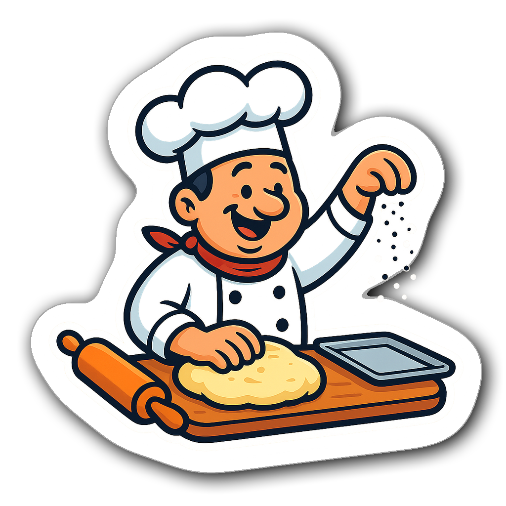 Cartoon chef kneading dough surrounded by baking items