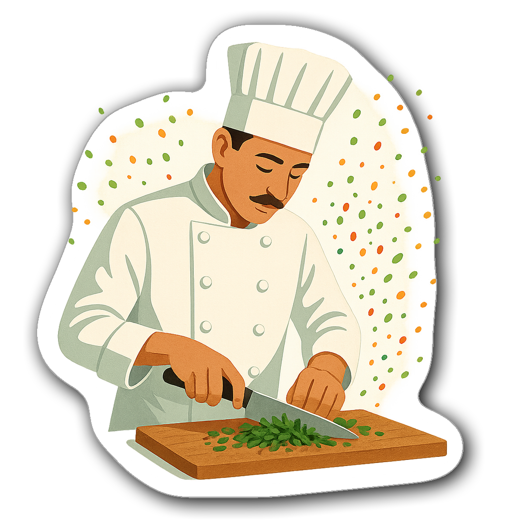 Elegant chef cutting herbs with colorful seasoning particles