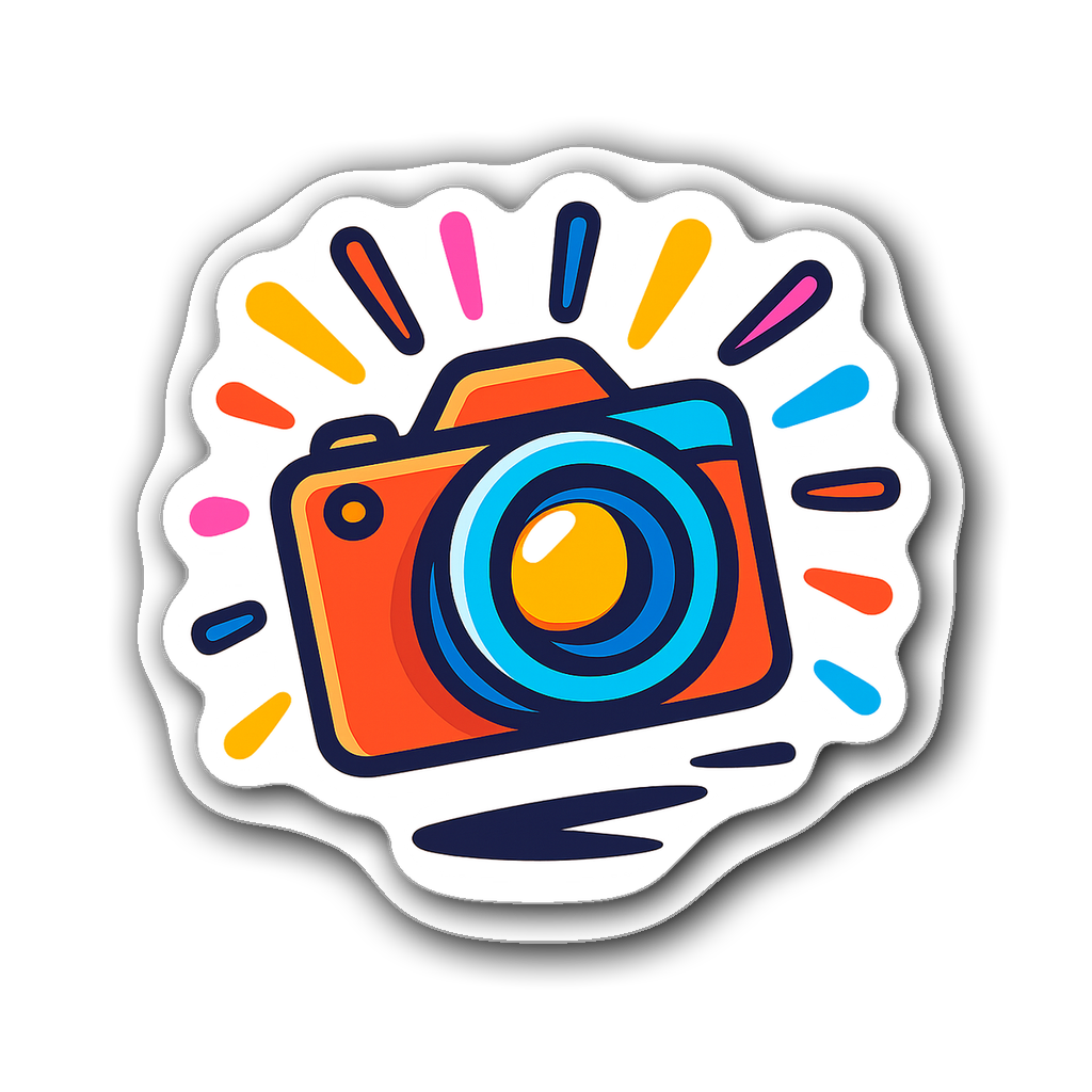 Vibrant photographer camera icon sticker with colorful bursts