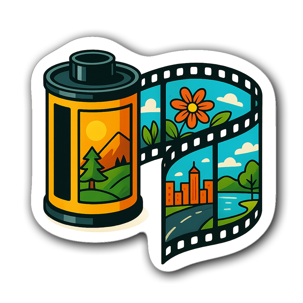 Vintage film roll sticker showcasing vibrant nature and cityscapes
