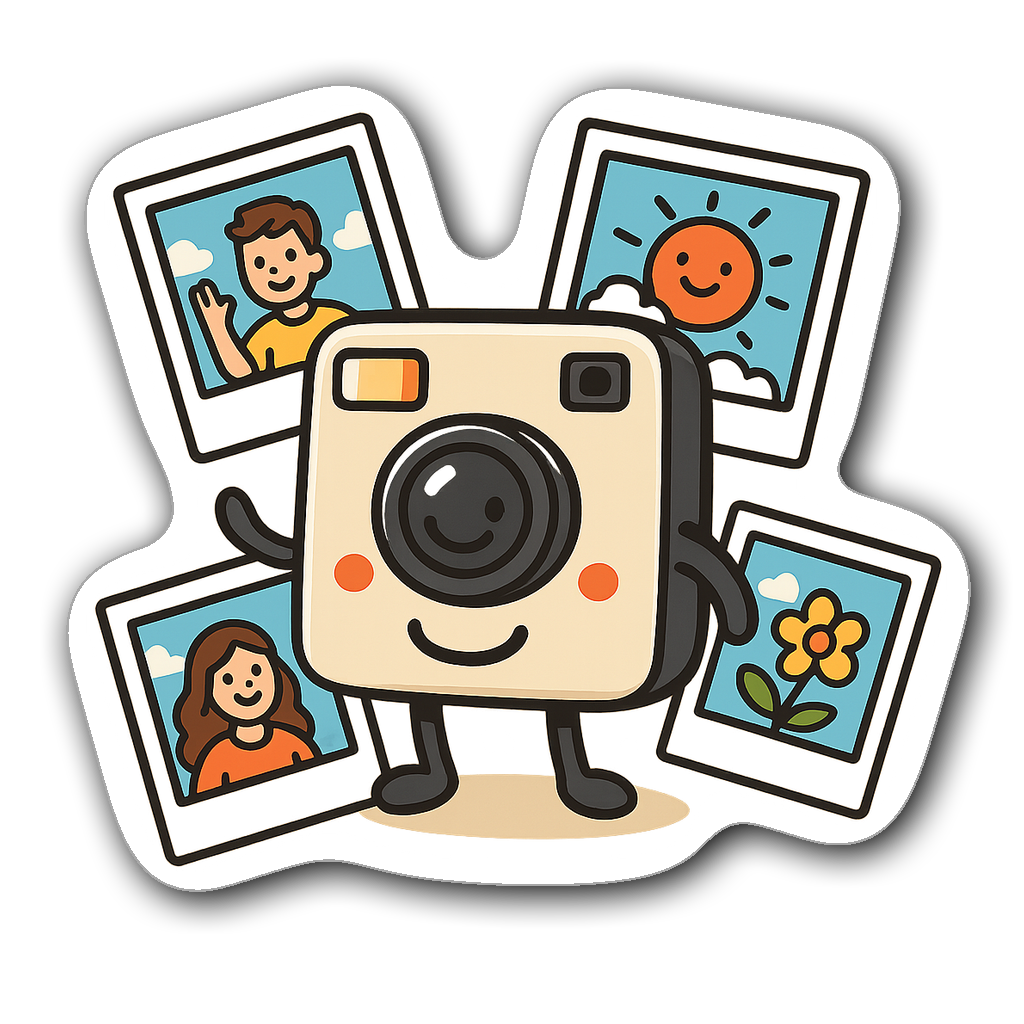 Cute instant camera character surrounded by polaroid frames