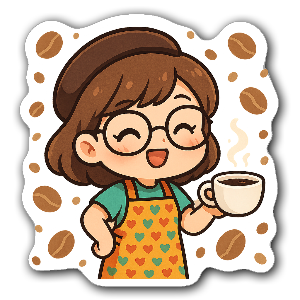 Cute chibi barista holding a coffee cup with coffee beans