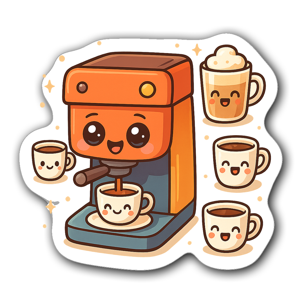 Kawaii chibi espresso machine with coffee cups