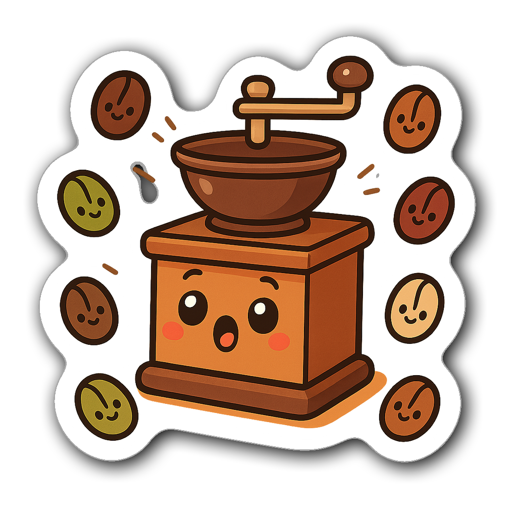 Kawaii chibi coffee grinder surrounded by cute coffee beans