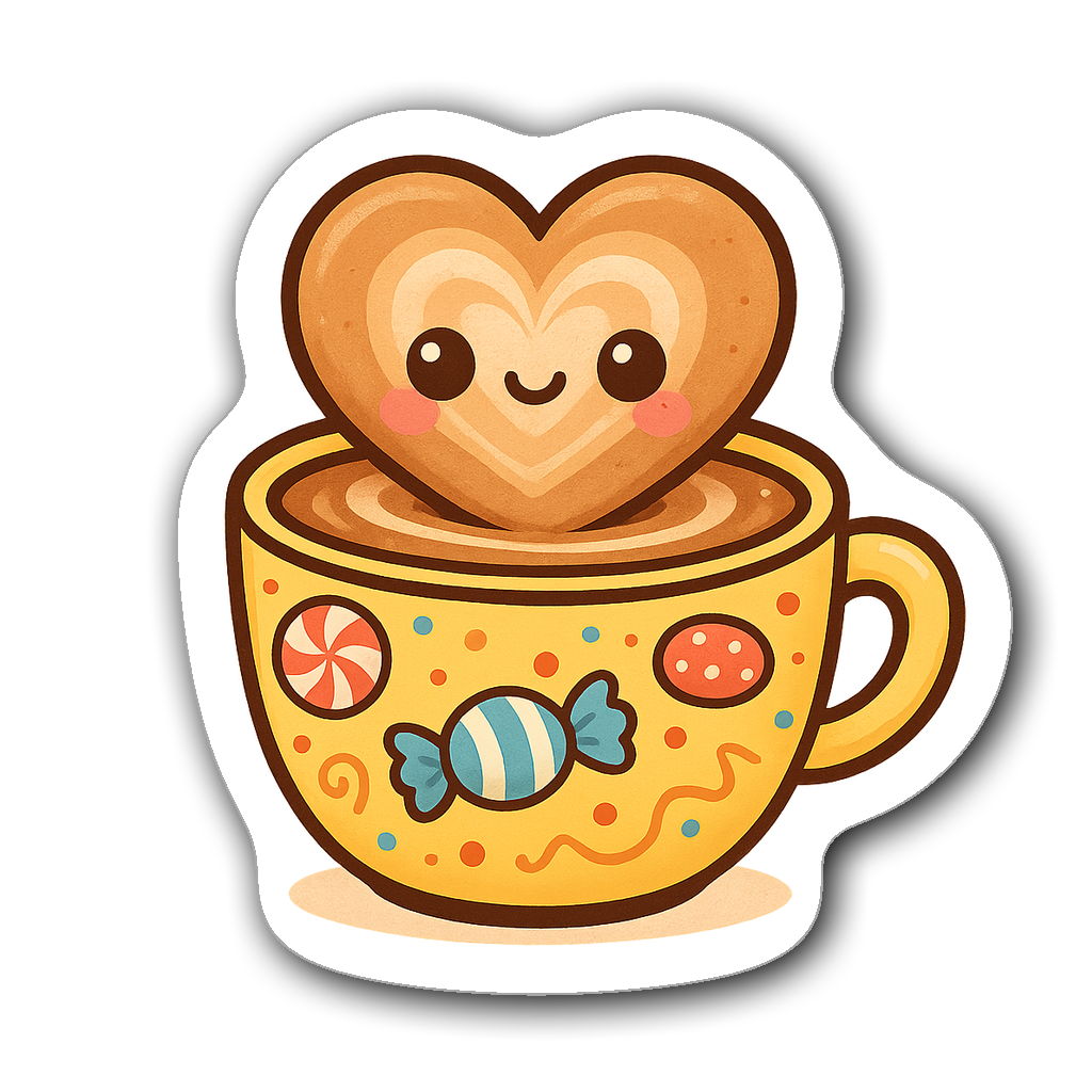 Kawaii chibi barista sticker with latte art heart in a cup