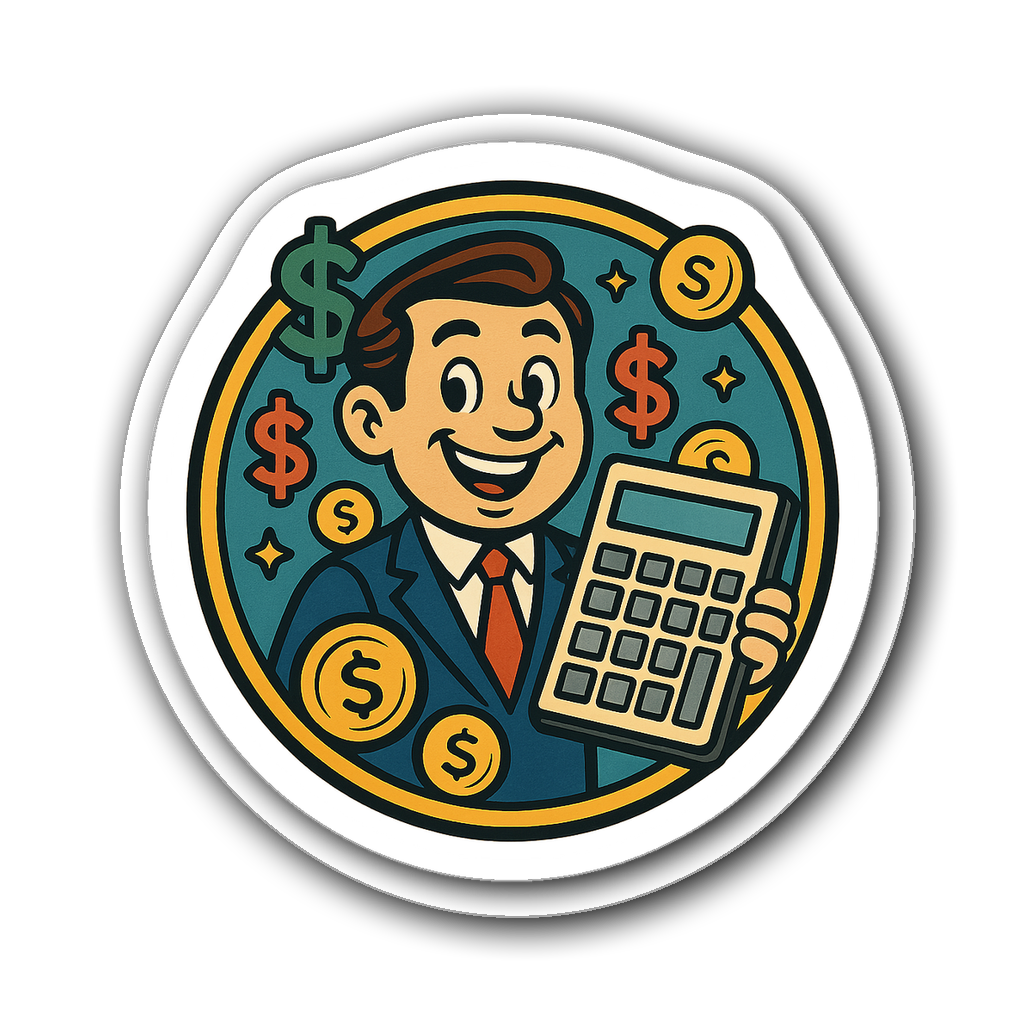 Retro cartoon accountant holding calculator with dollar signs