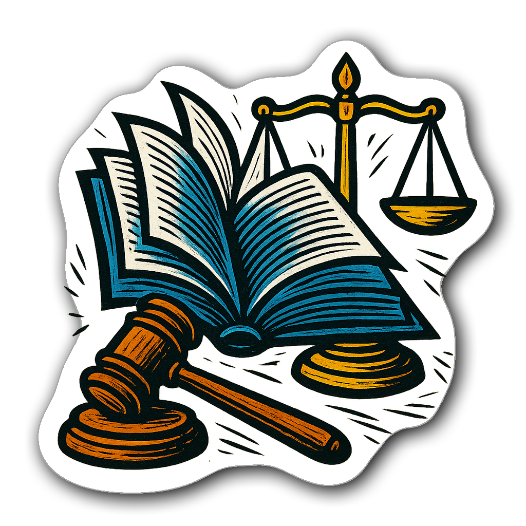 Lawyer sticker with a law book, gavel, and scales of justice