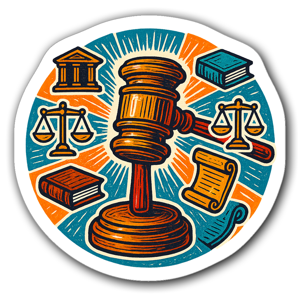 Intricately detailed vinyl sticker of a gavel with legal symbols