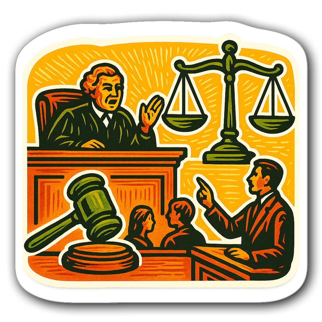 Vibrant courtroom scene with a judge's bench and gavel sticker