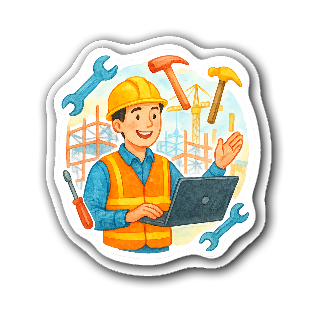 Cheerful watercolor sticker of an engineer on a construction site