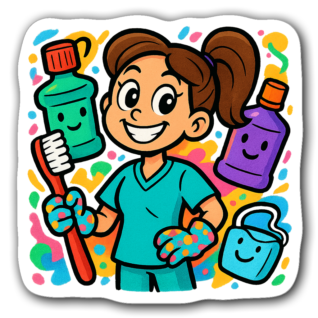 Cartoon dental hygienist holding a giant toothbrush with mouthwash bottles and floss