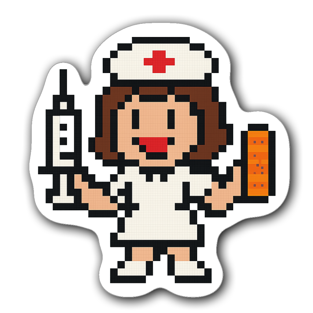 8-bit retro nurse character holding a syringe and band-aid