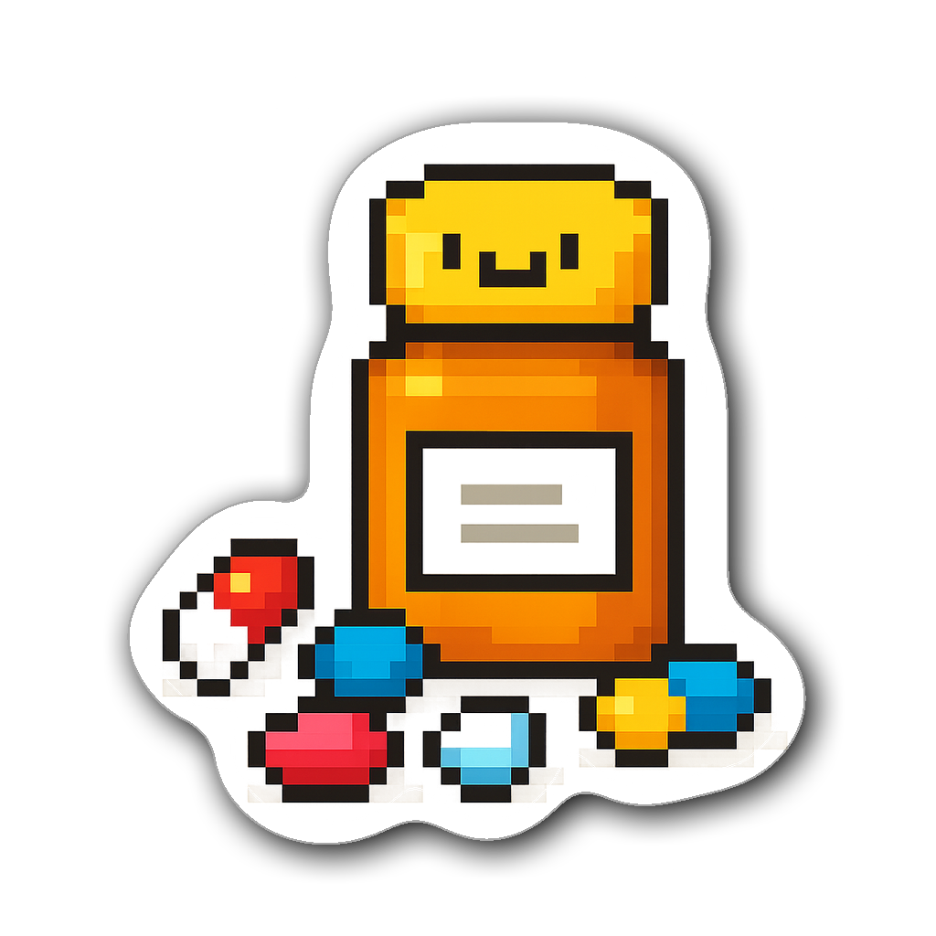 Pixel art sticker of a pill bottle with smiling cap and colorful pills