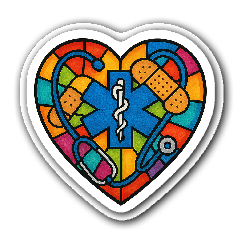 Stained glass heart sticker featuring EMT symbols and colors