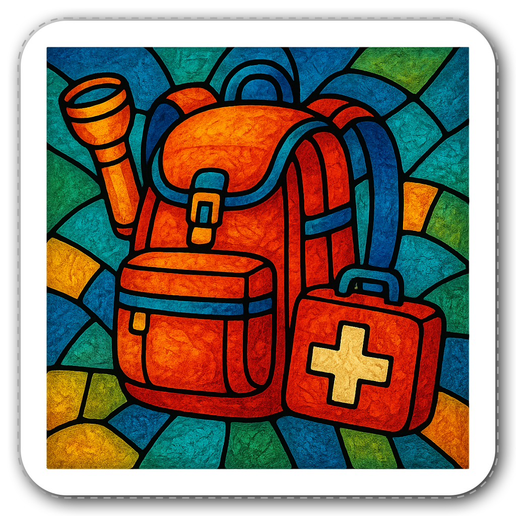 Artistic stained glass sticker of a first responder's backpack