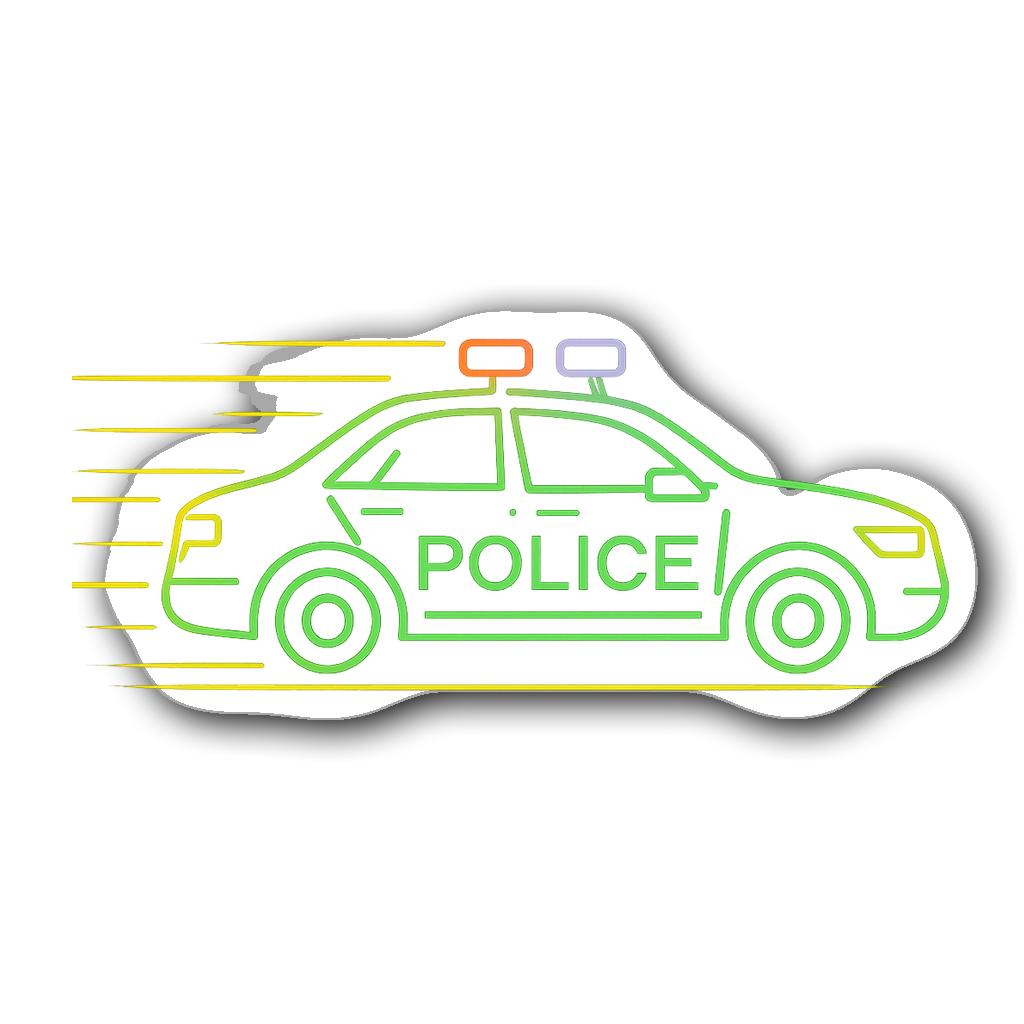 Neon outline sticker of a speeding police car with glowing lights.