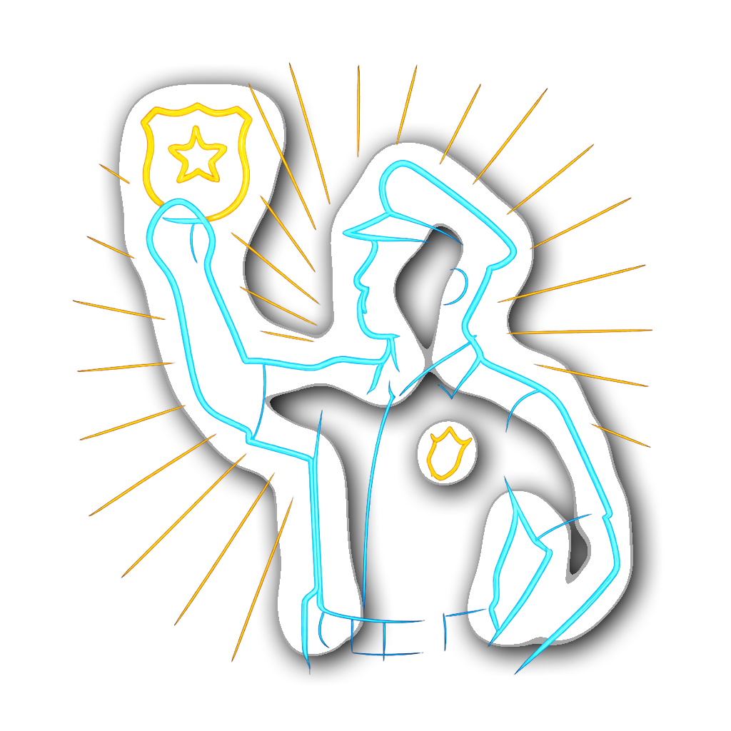 Vibrant neon outline of a police officer silhouette holding a badge