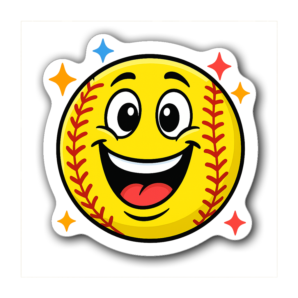 Smiling cartoon softball sticker with sparkles and bright colors.