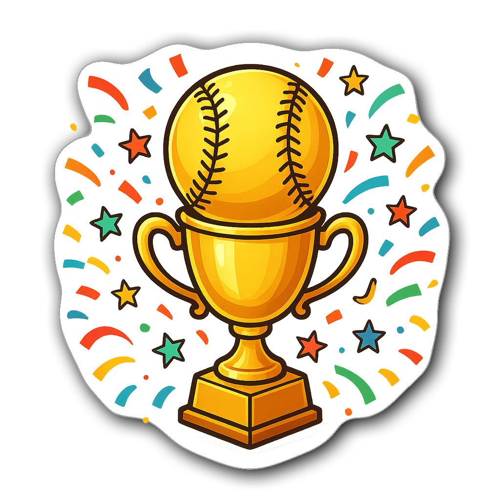 Vibrant softball trophy with confetti and stars sticker