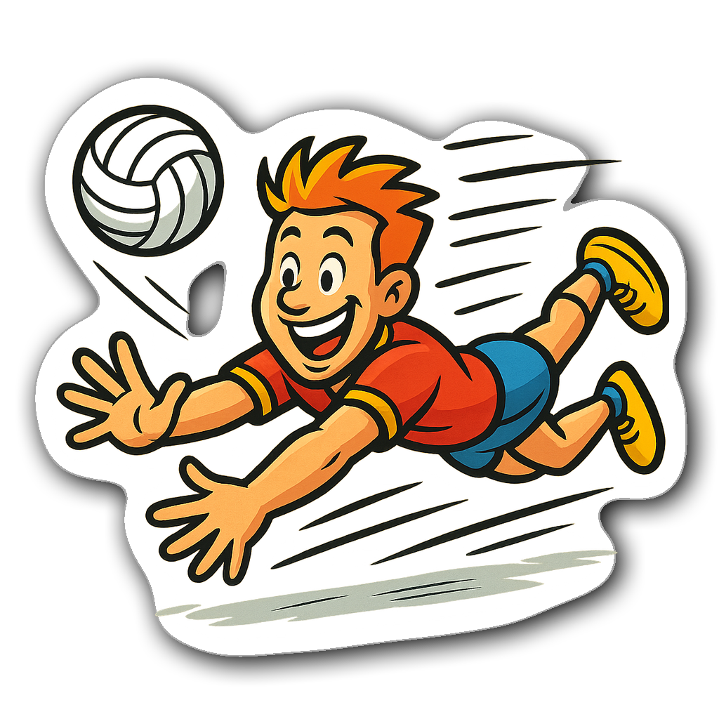 Cartoon-style volleyball player diving for a ball