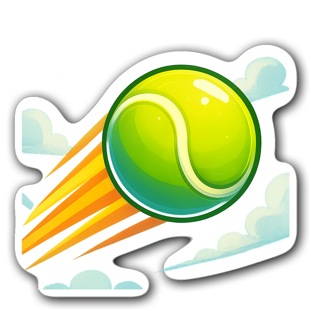 Vibrant tennis ball sticker with motion lines and sunny sky