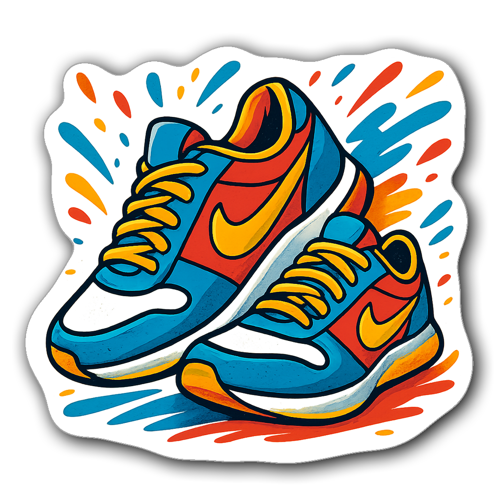 Bright tennis shoes with colorful splashes to suggest movement
