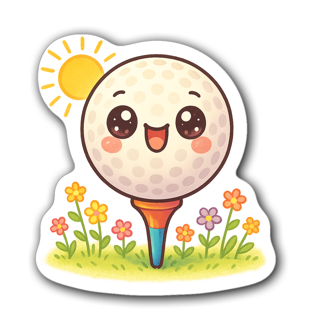 Kawaii chibi golf ball sticker with colorful daisies
