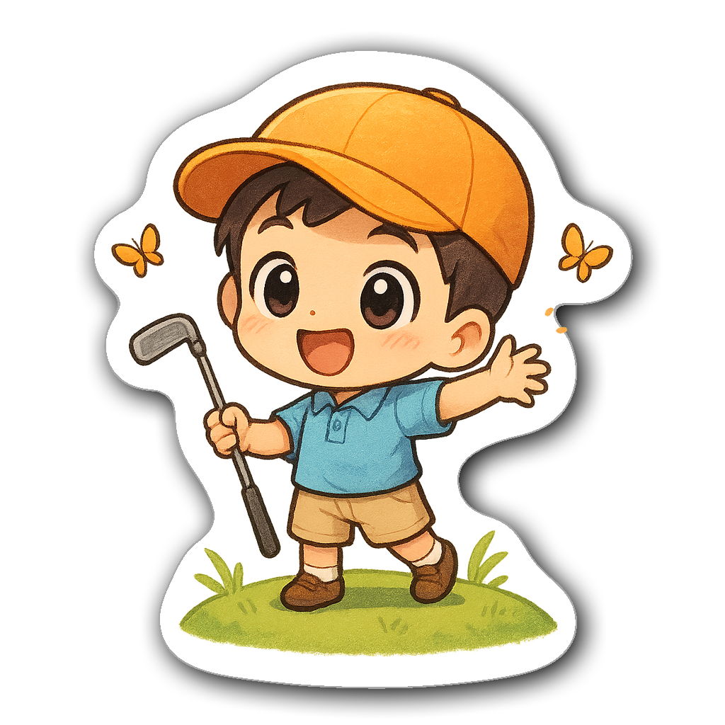 Kawaii chibi golfer sticker with oversized eyes and a putter